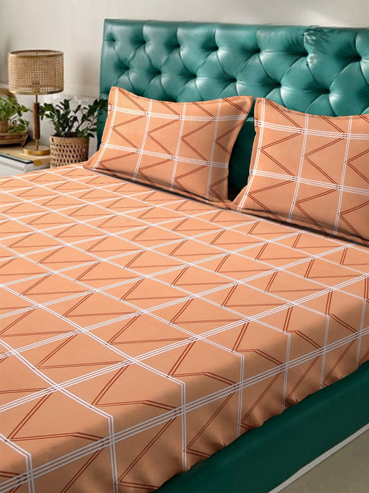 Orange Geometric 300 TC Cotton Blend Fitted Double Bedsheet in Book Fold Packing
