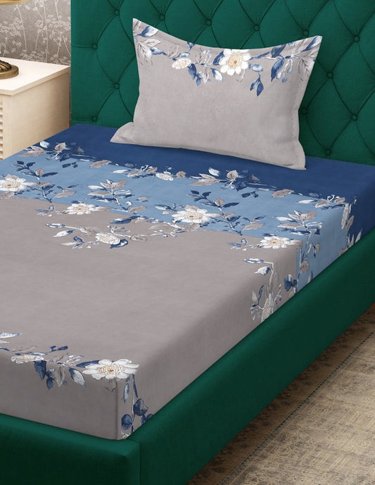Grey Floral 300 TC Cotton Blend Fitted Single Bedsheet with Pillow Cover