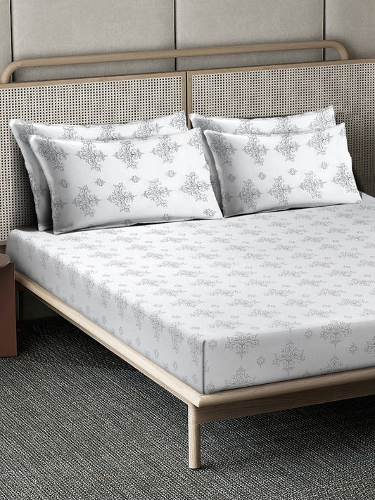 OffWhite Floral 400 TC Pure Cotton Super King Double Bedsheet with 4 Pillow Covers