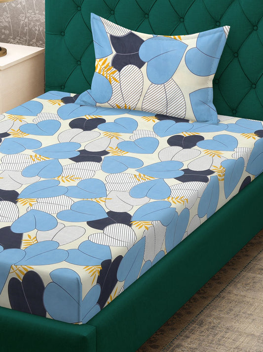 Blue Floral 300 TC Cotton Blend Fitted Single Bedsheet with Pillow Cover