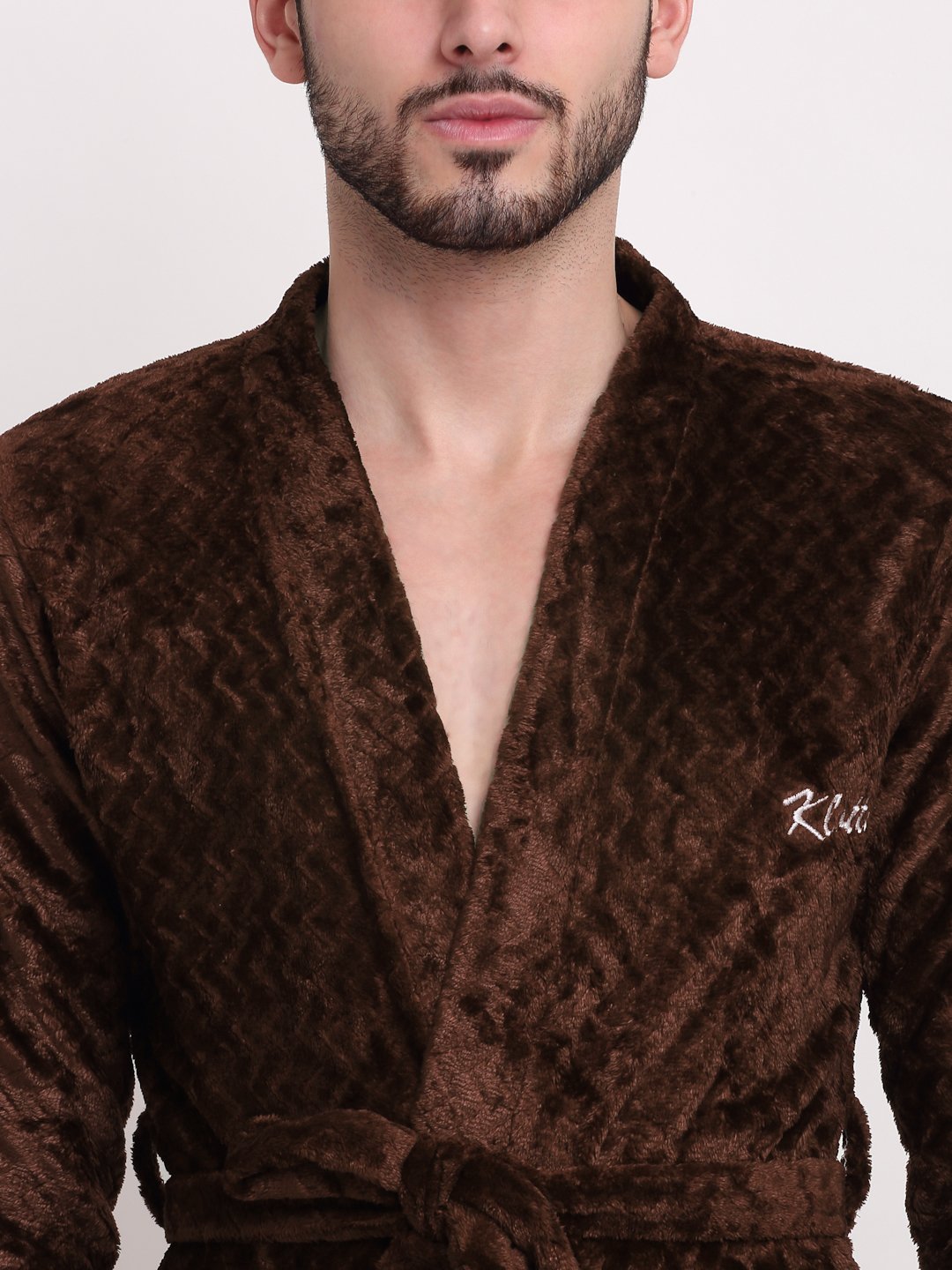 Men DarkBrown Self Design Wool Bath Robe With Belt