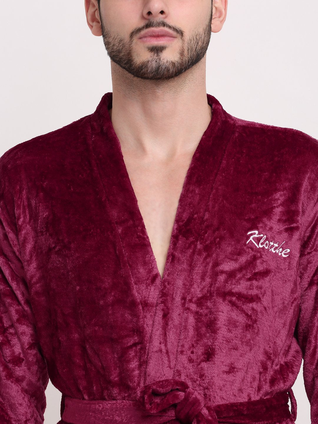 Men Maroon Solid Wool Bath Robe With Belt