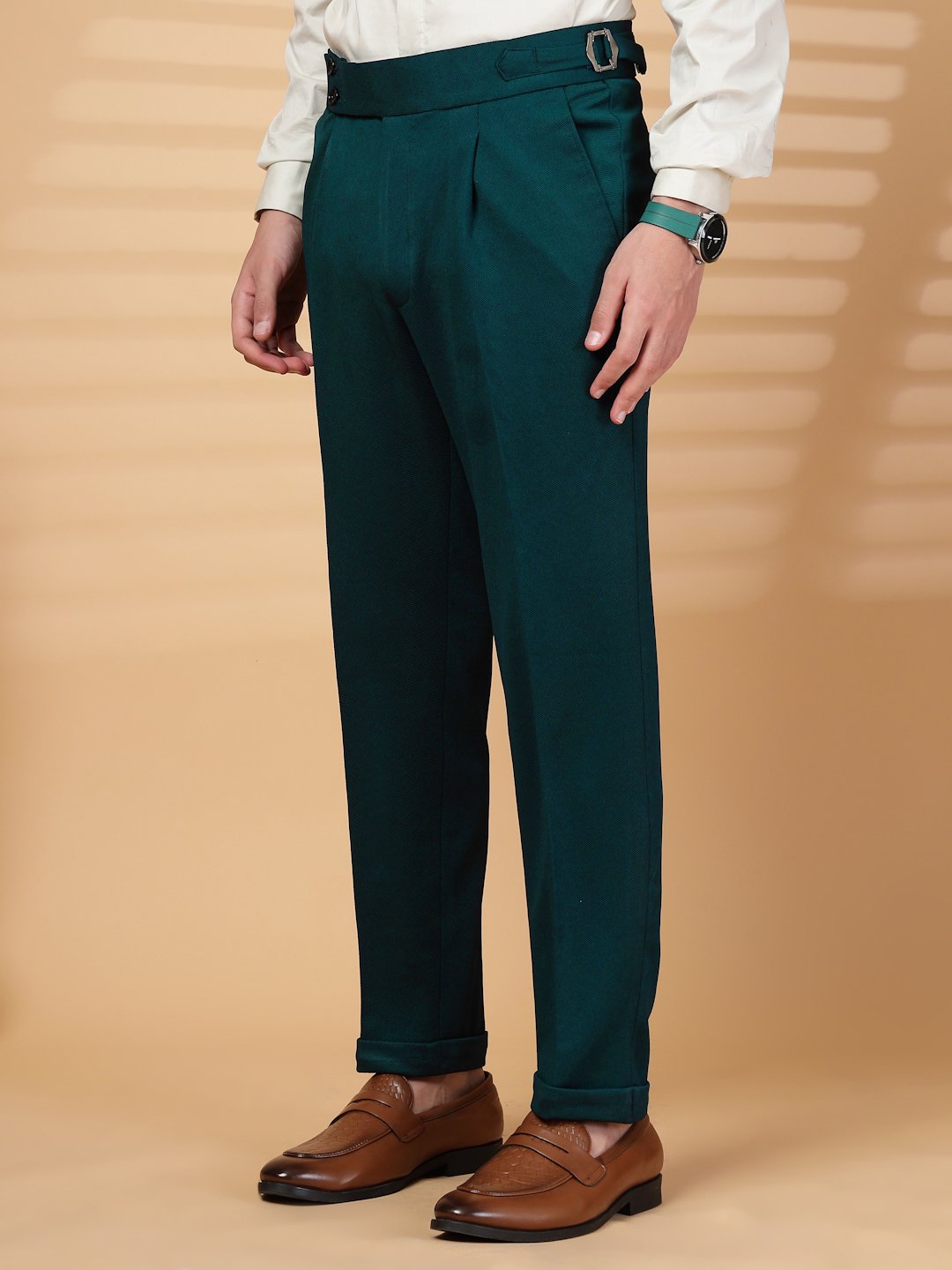 Green Lycra Cotton Solid Smart Fit Formal Trouser