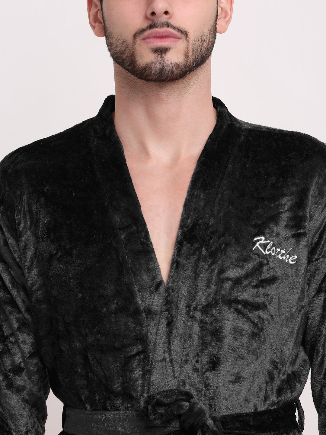 Men Black Solid Wool Bath Robe With Belt