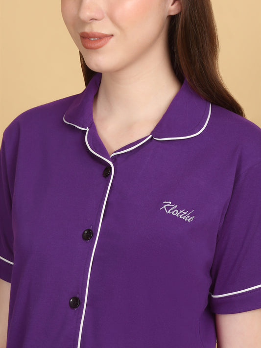 Klotthe Women Purple Solid Cotton Night Suit