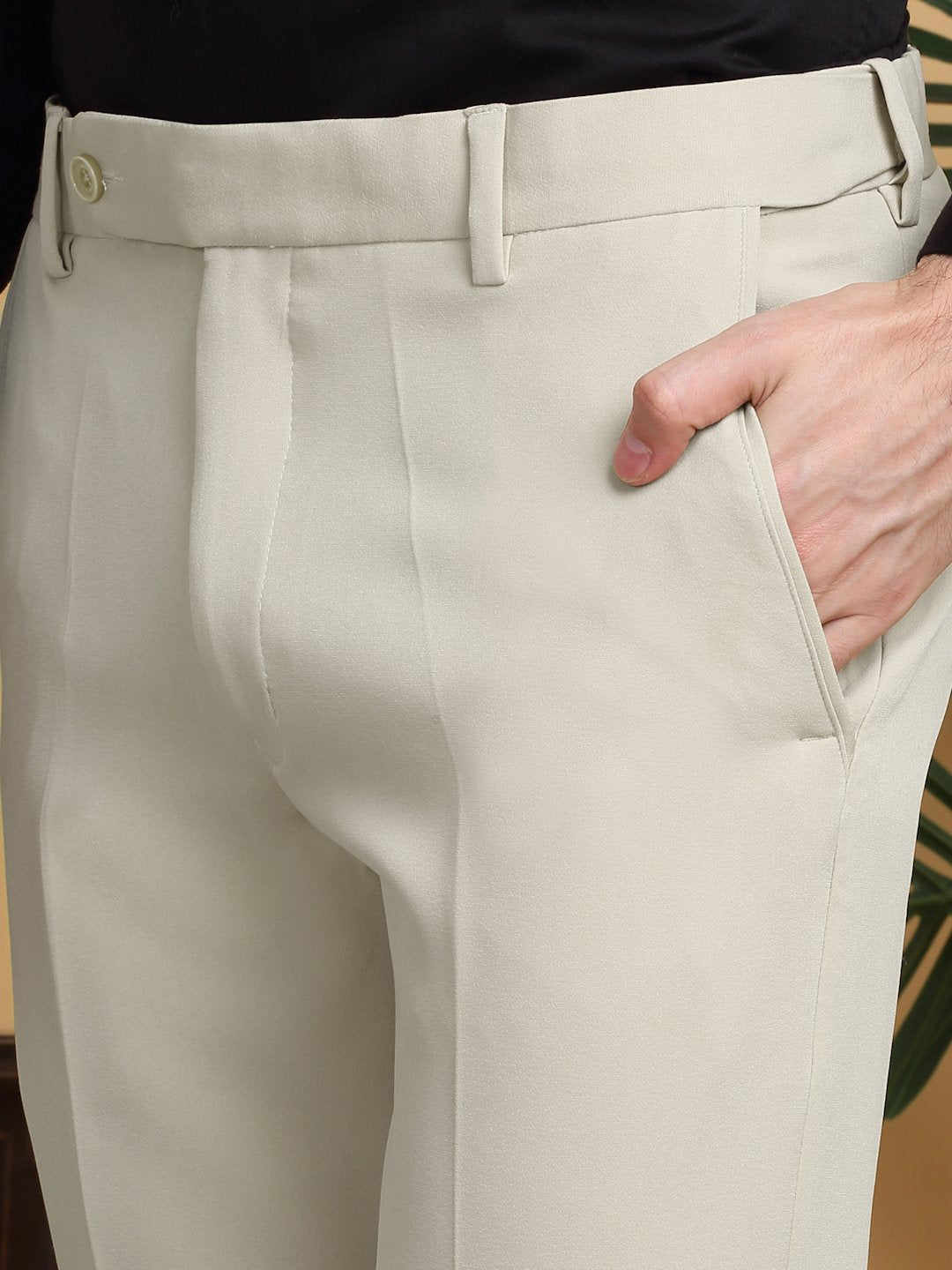 Beige Lycra Cotton Elastic Solid Slim Fit Formal Trouser