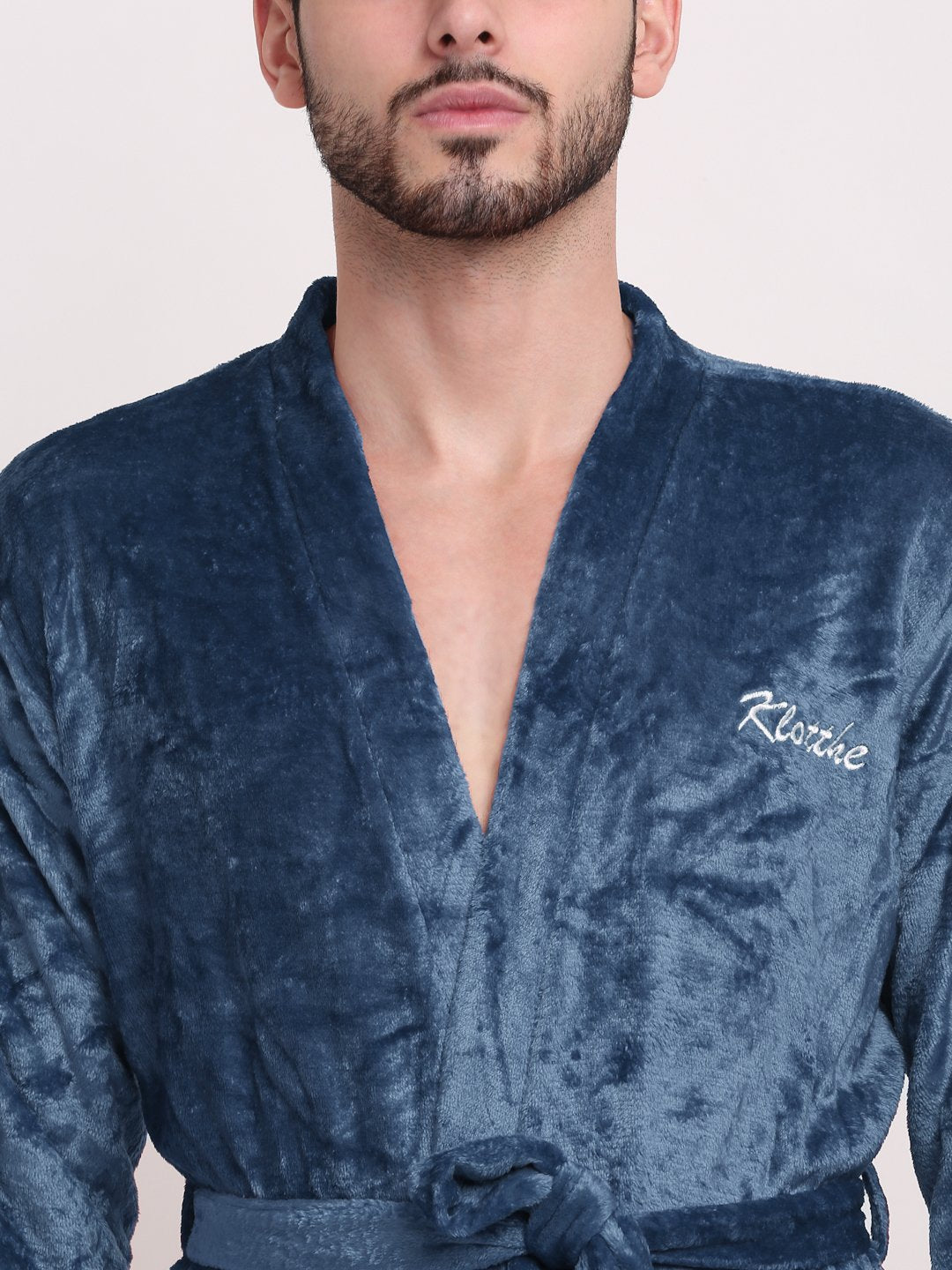 Men Turquoise Solid Wool Bath Robe With Belt
