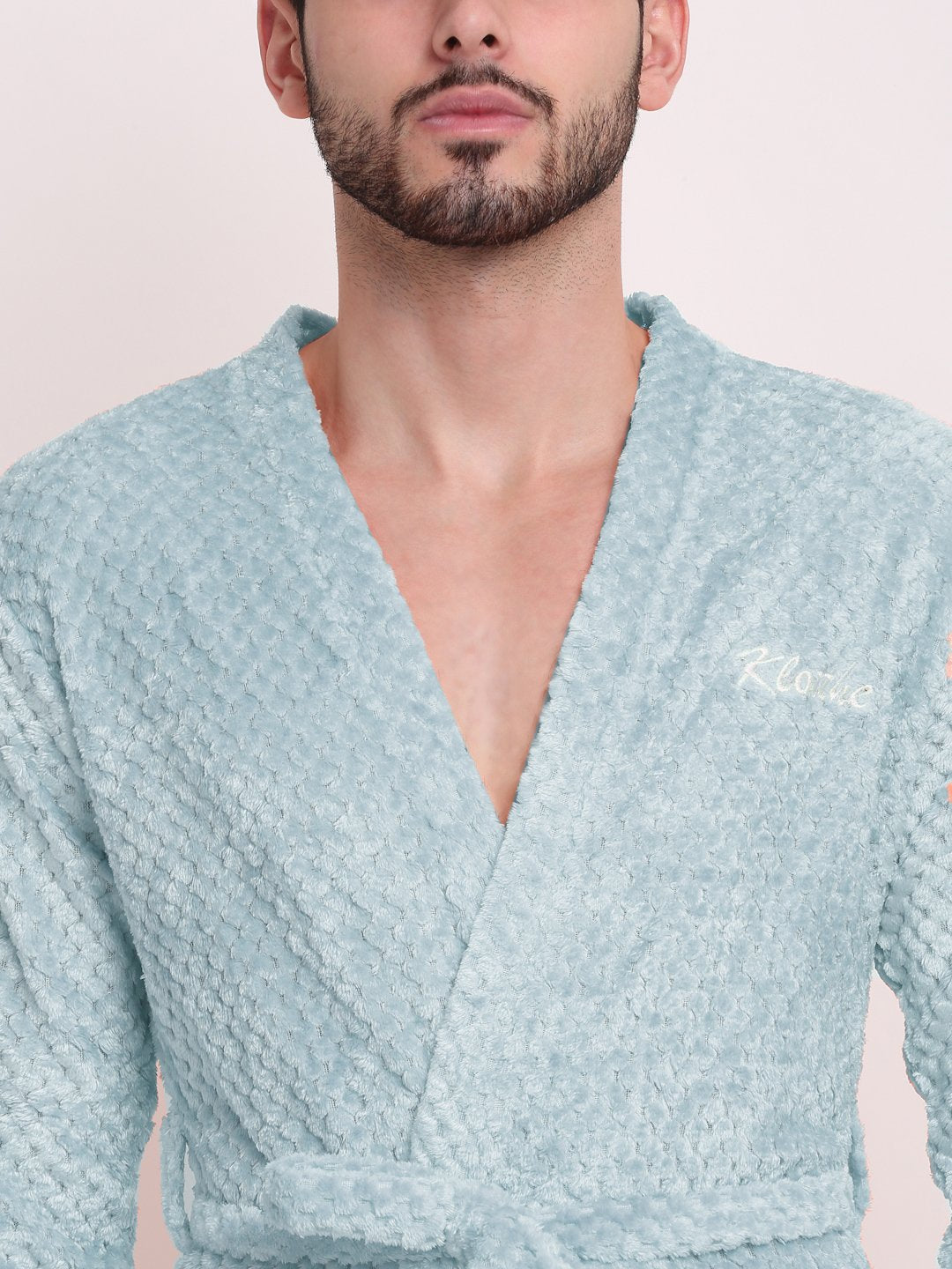 Men Turquoise Self Design Wool Bath Robe With Belt