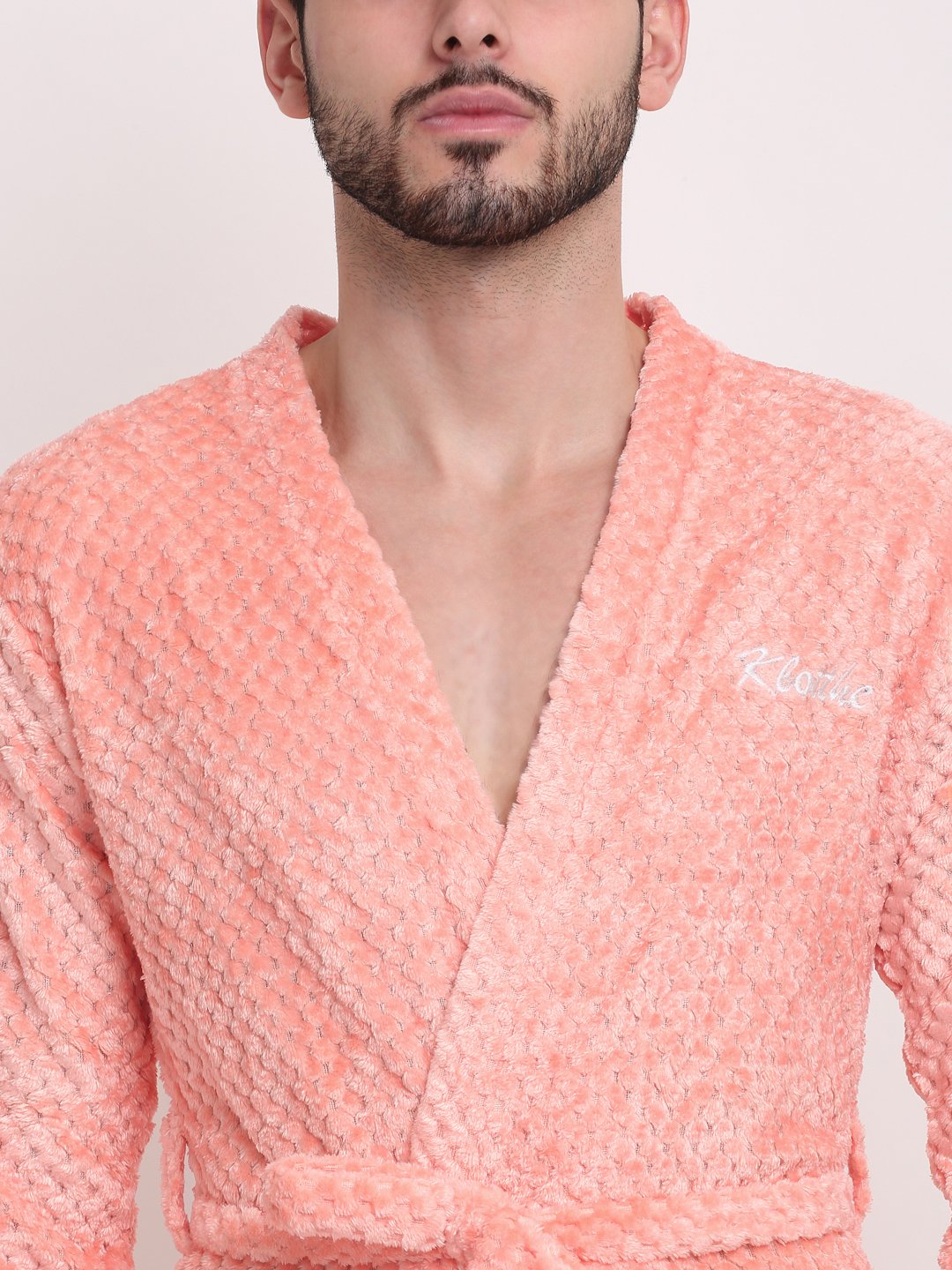 Men Orange Self Design Wool Bath Robe With Belt