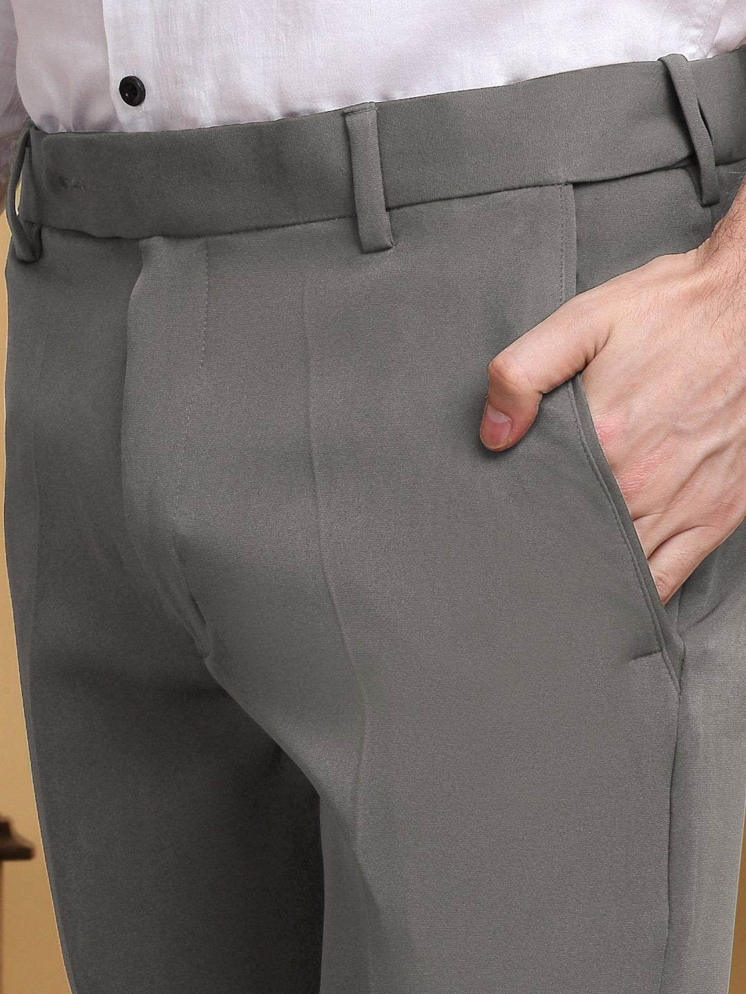 Grey Lycra Cotton Elastic Solid Slim Fit Formal Trouser