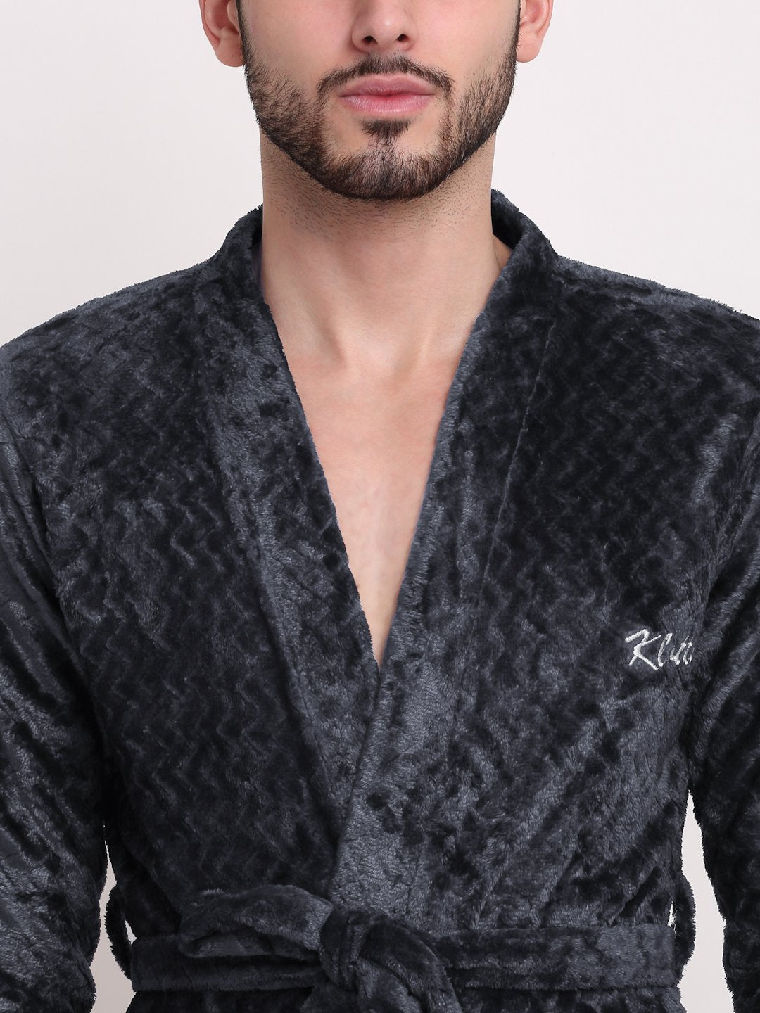 Men Grey Self Design Wool Bath Robe With Belt