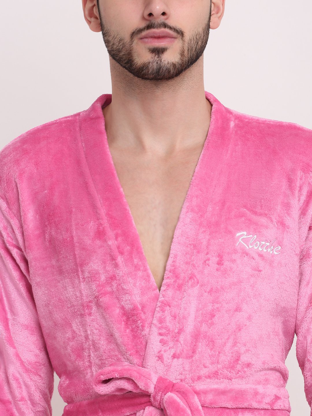 Men LightPink Solid Wool Bath Robe With Belt
