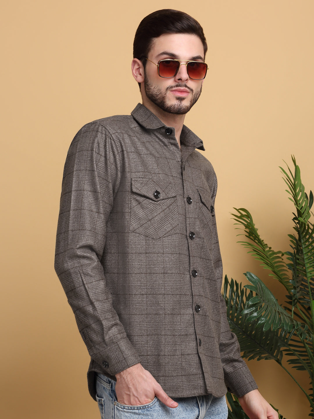 Klotthe Men Brown Checked Spread Collar Woolen Casual Shirt