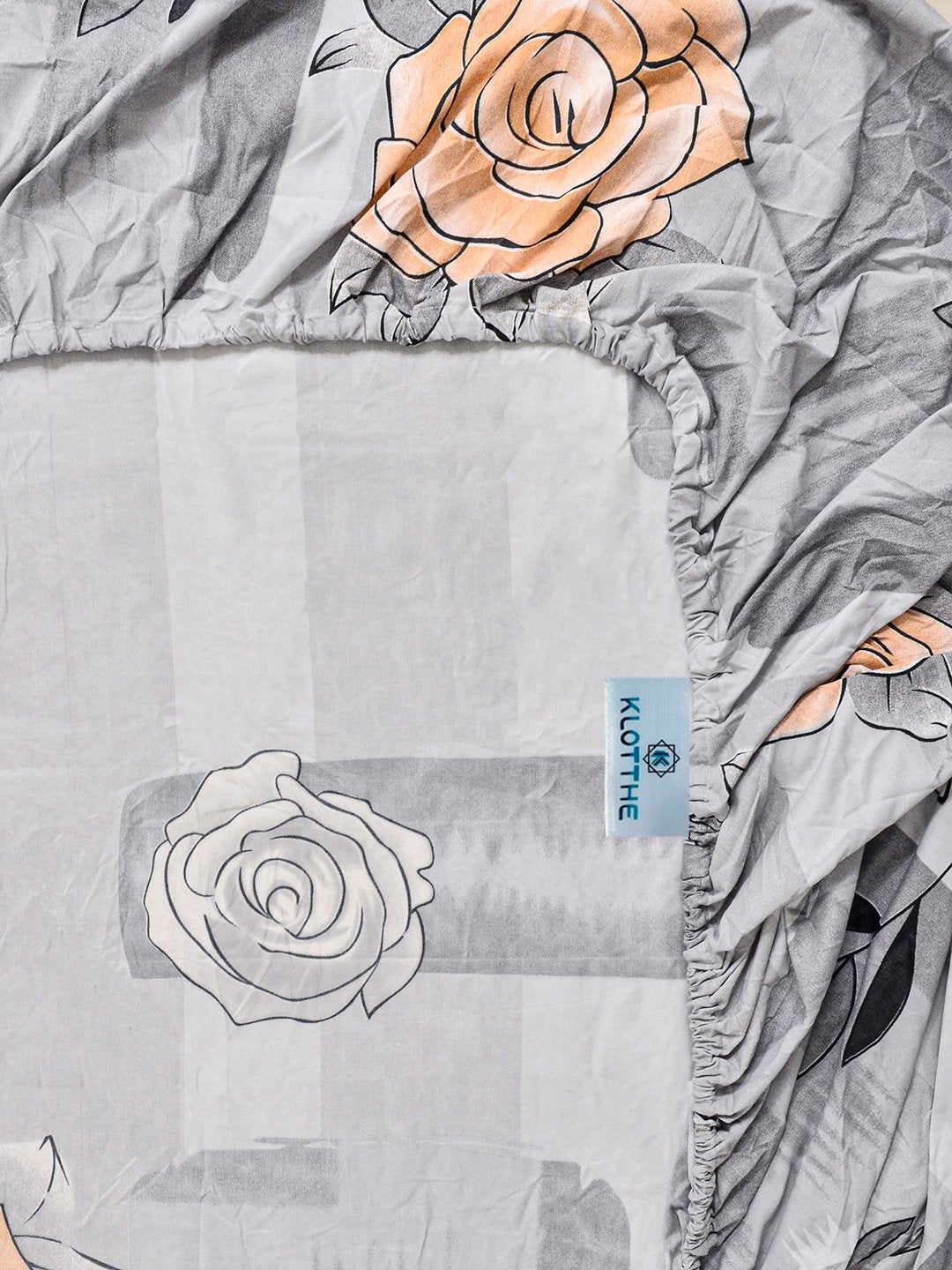 Grey Floral Cotton Blend Fitted Single Bedsheet with Pillow Cover