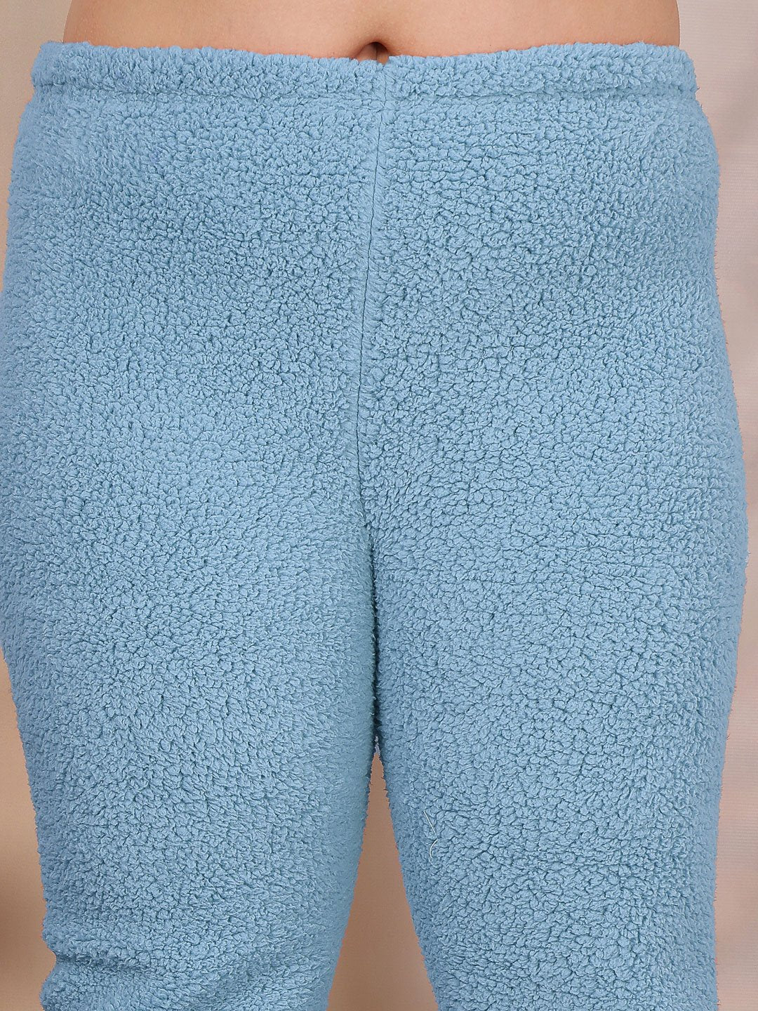 Women SkyBlue Solid Sherpa Heavy Winter Hooded Pluz Size Woolen Night Suit