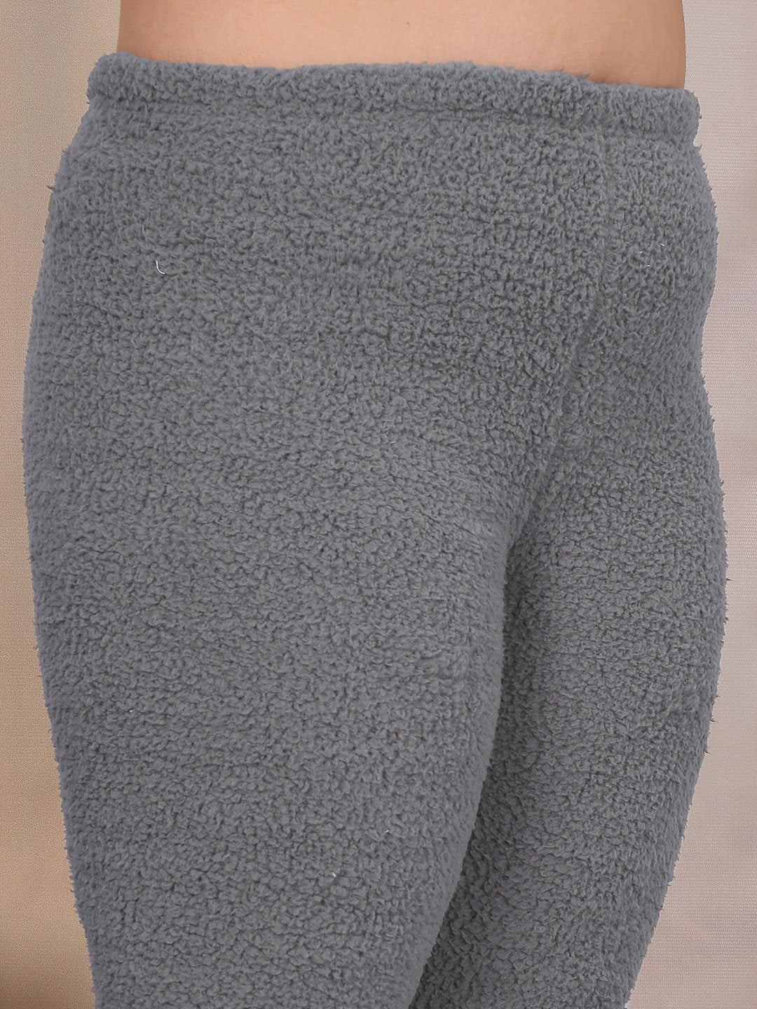 Women Grey Solid Sherpa Heavy Winter Hooded Pluz Size Woolen Night Suit