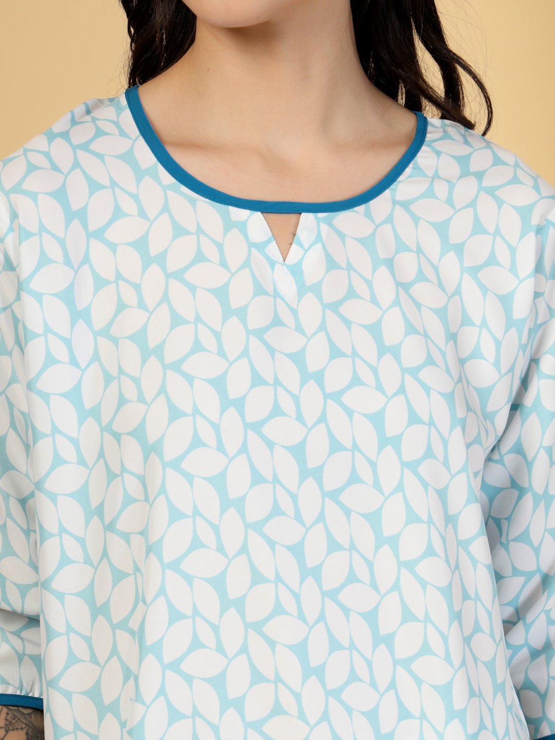 Women Blue Floral Cotton Blend Night Suit