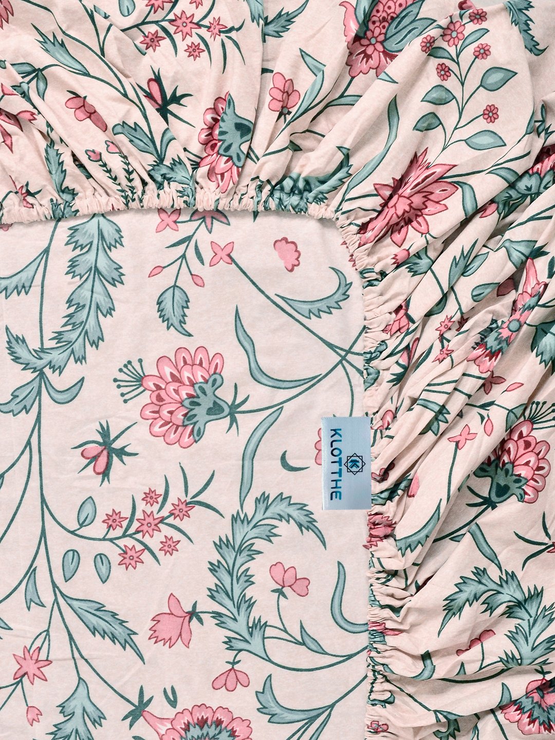 Beige Floral Cotton Blend Fitted Single Bedsheet with Pillow Cover