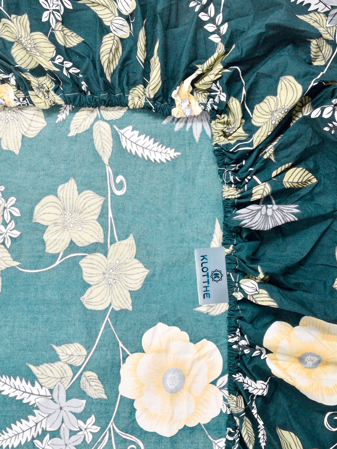Green Floral Cotton Blend Fitted Single Bedsheet with Pillow Cover