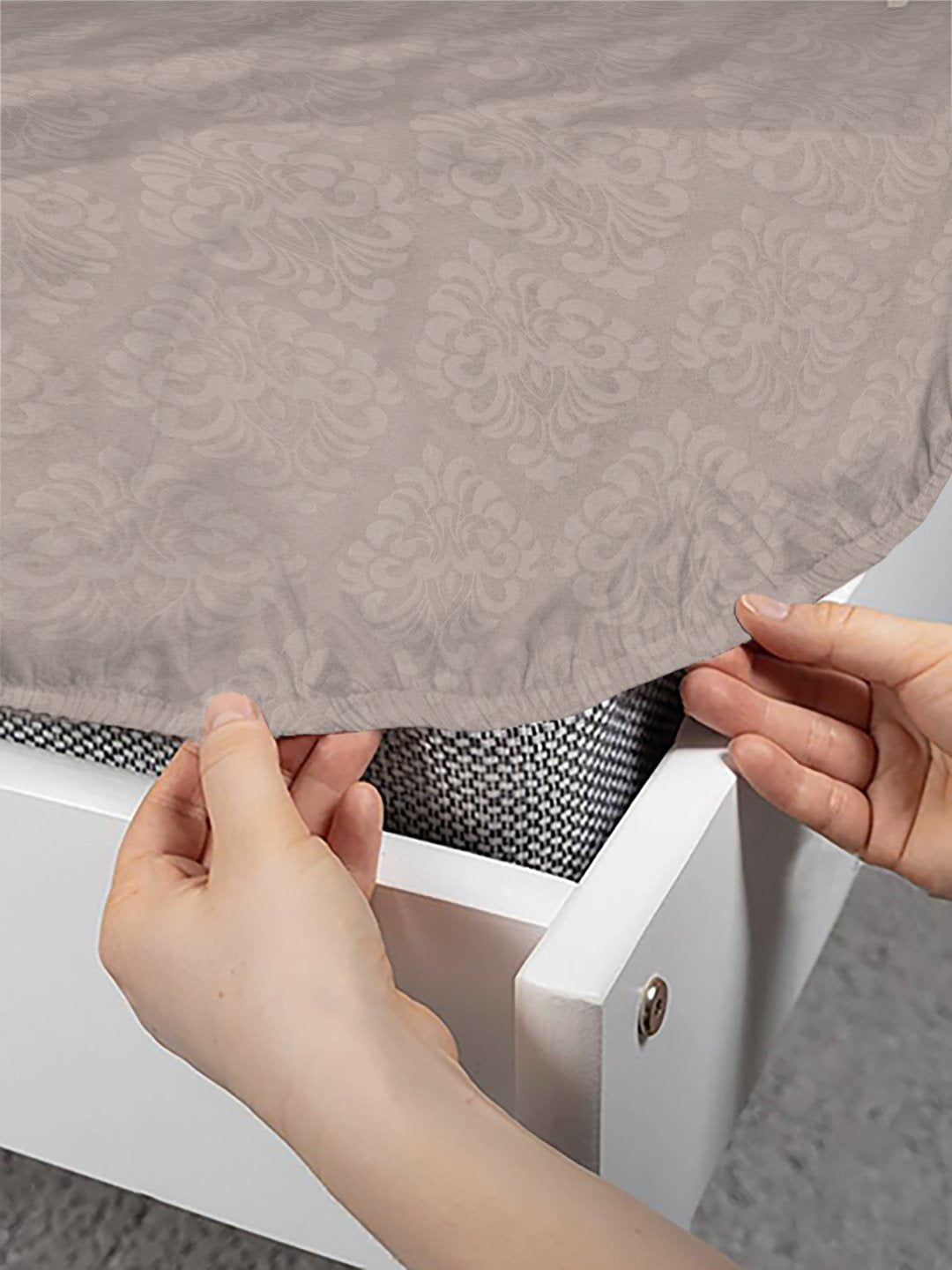 Beige Floral Embossed Cotton Blend Fitted Fitted Single Bedsheet with Pillow Cover