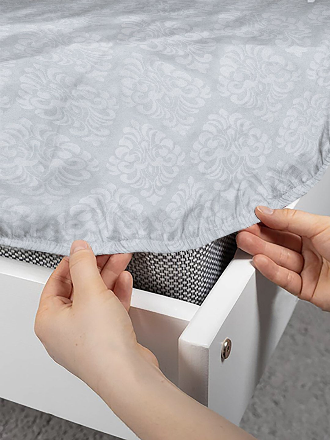 Grey Floral Embossed Cotton Blend Fitted Fitted Single Bedsheet with Pillow Cover