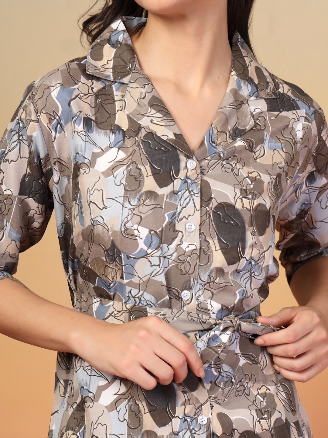 Women Brown Floral Cotton Blend Night Suit with Robe