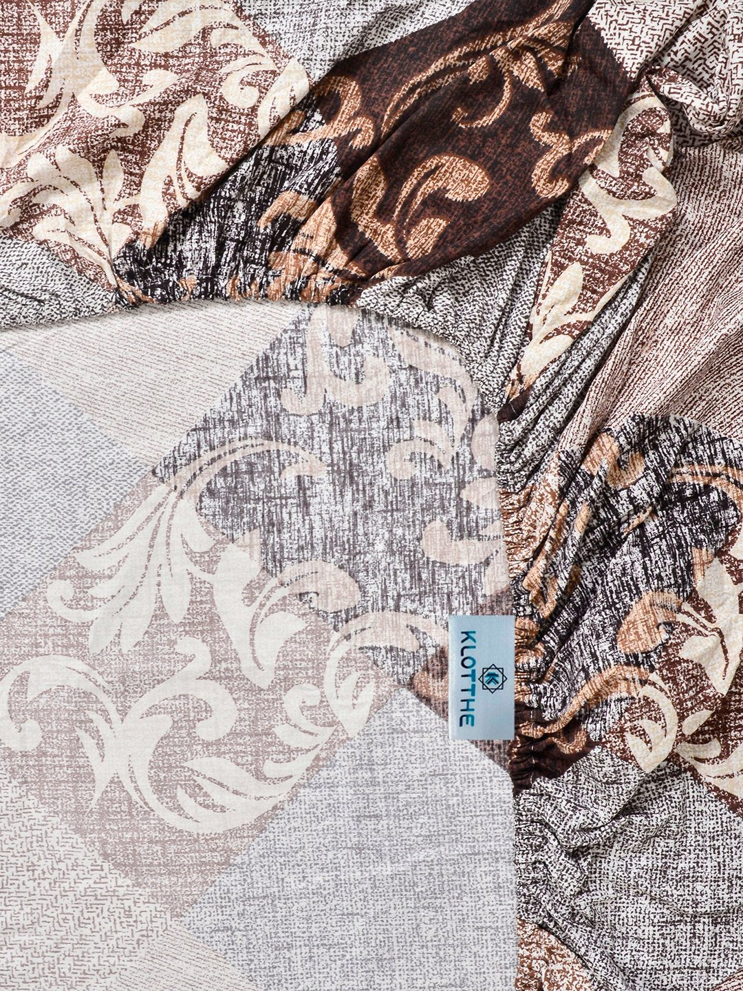 Brown Geometric Cotton Blend Fitted Single Bedsheet with Pillow Cover