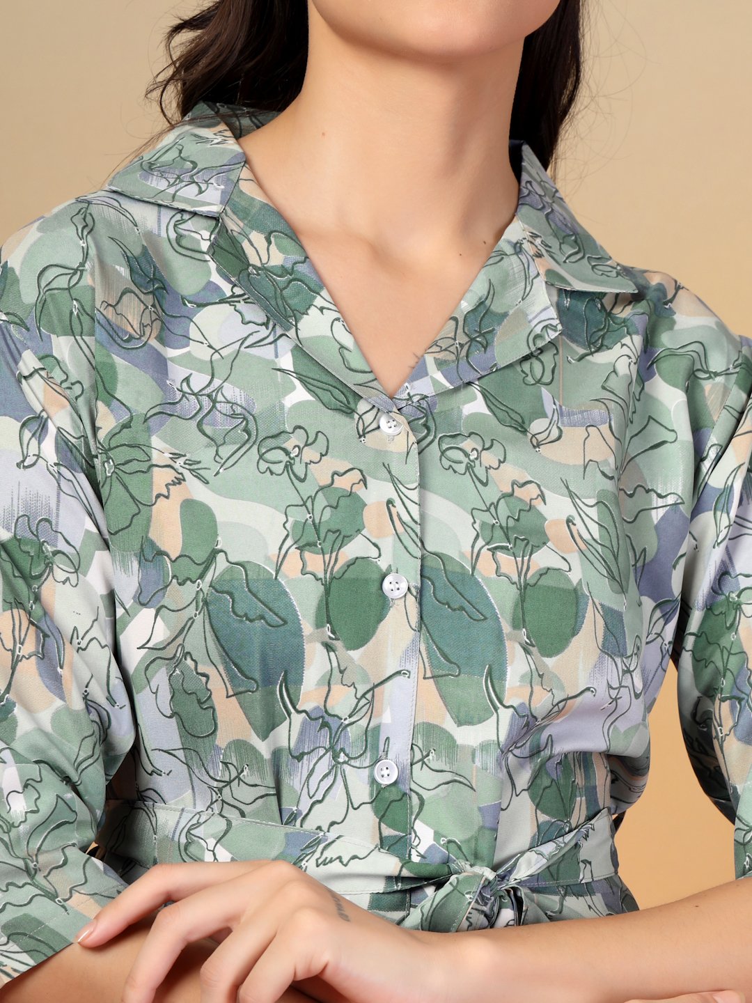 Women Green Floral Cotton Blend Night Suit with Robe