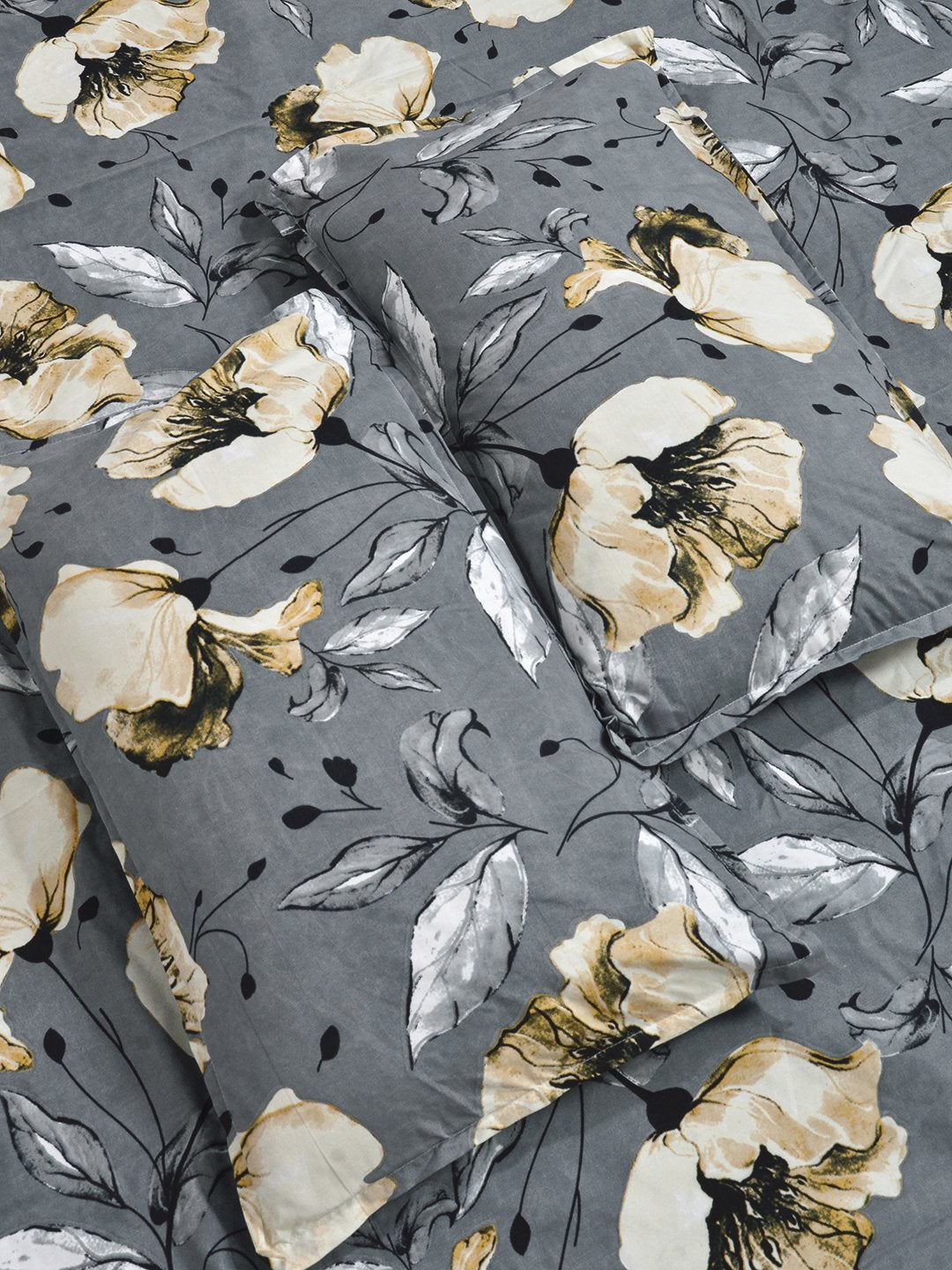 Grey Floral 300 TC Cotton Blend Double Bedsheet with 2 Pillow Covers