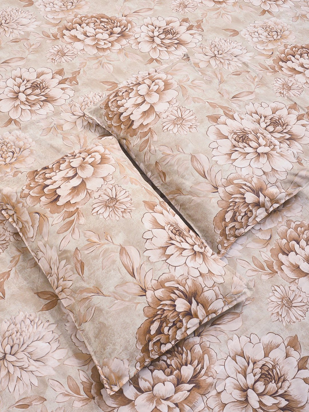 Beige Floral Cotton Blend Double Bedsheet with 2 Pillow Covers