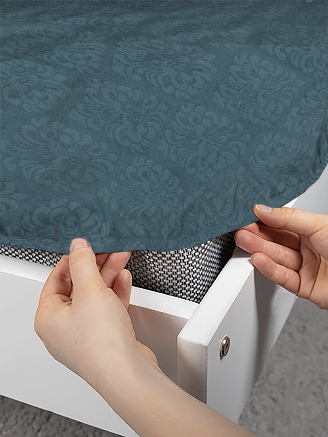 Blue Floral Embossed Cotton Blend Fitted Double Bedsheet with 2 Pillow Covers