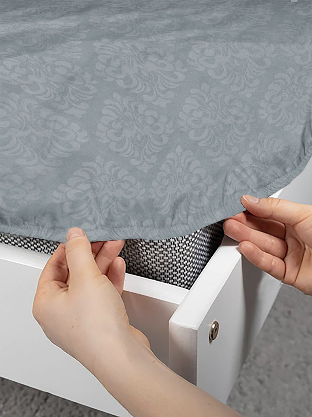 Grey Floral Embossed Cotton Blend Fitted Double Bedsheet with 2 Pillow Covers