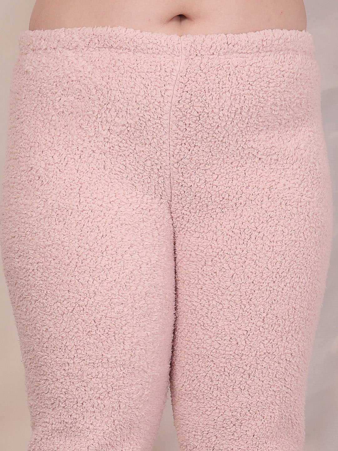 Women Light Pink Solid Sherpa Heavy Winter Hooded Pluz Size Woolen Night Suit