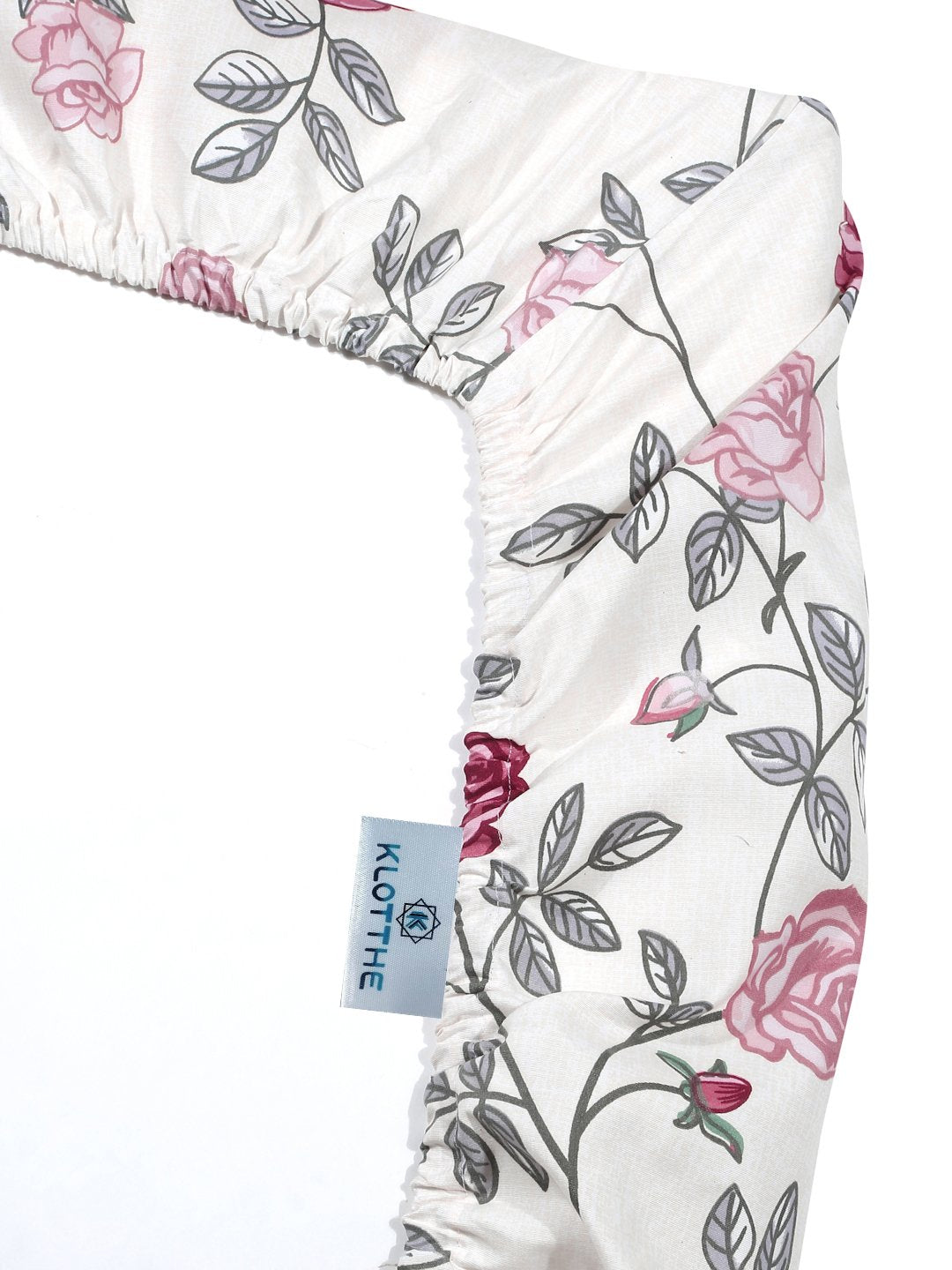 Cream Floral 300 TC Cotton Blend Fitted Double Bedsheet with 2 Pillow Covers