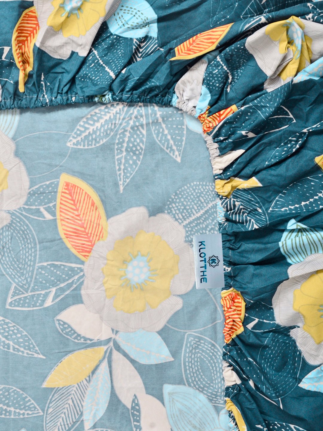 Blue Floral Cotton Blend Fitted Single Bedsheet with Pillow Cover