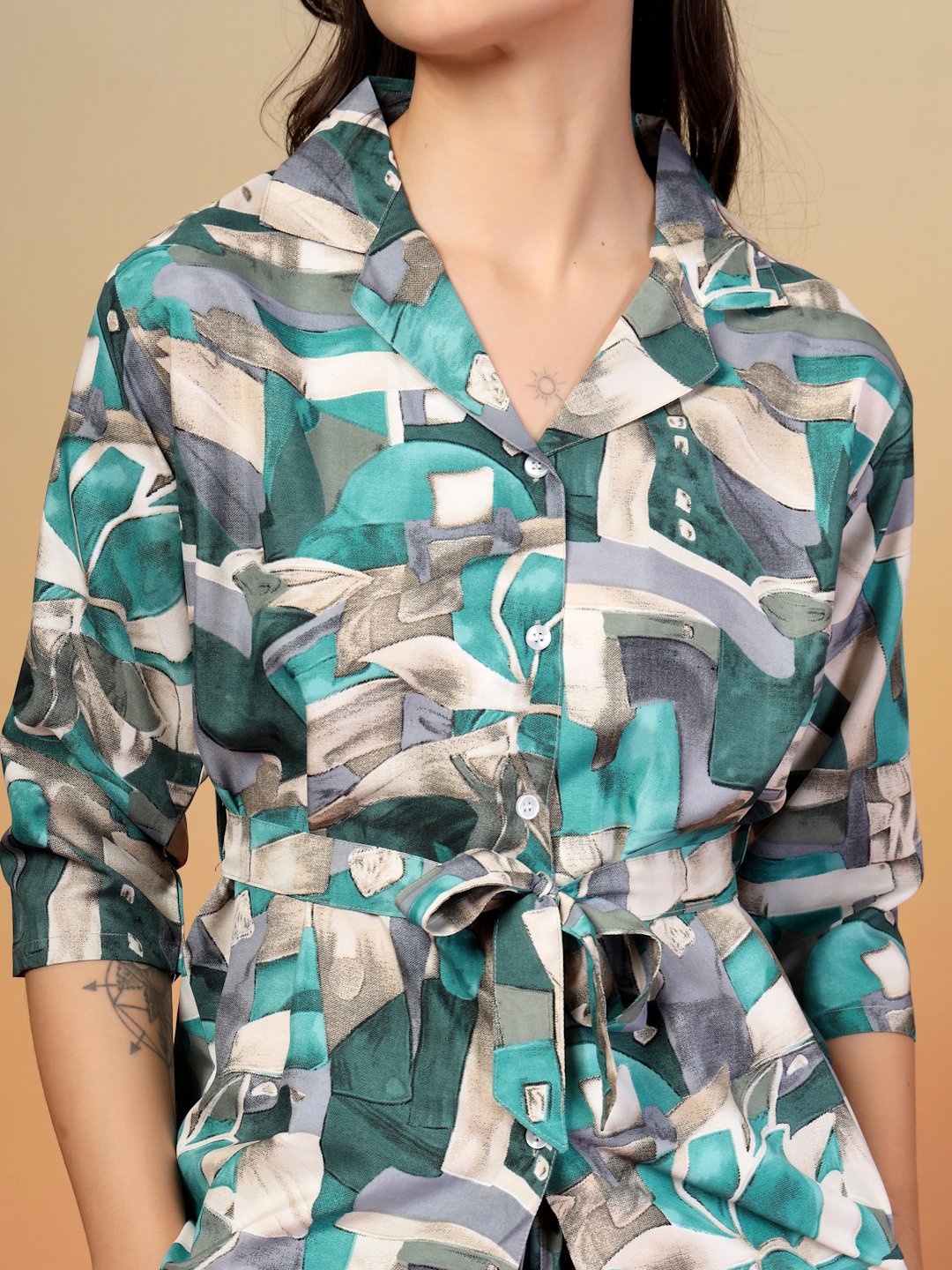 Women Green Abstract Cotton Blend Night Suit with Robe