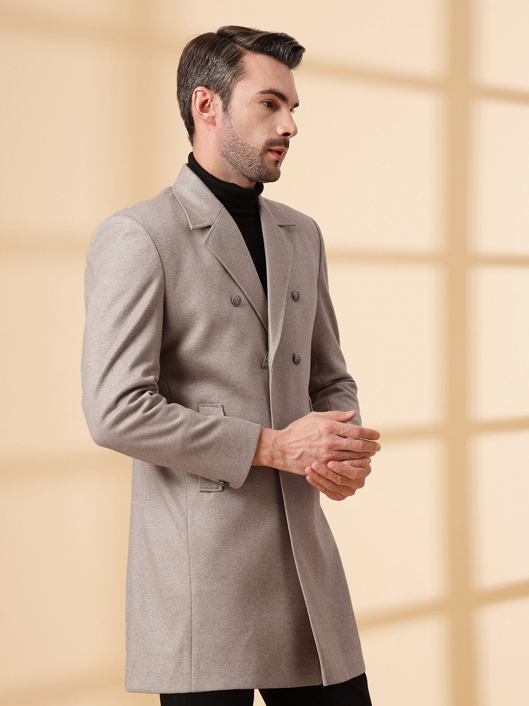 Beige Long Sleeve Double-Breasted Woolen Coat