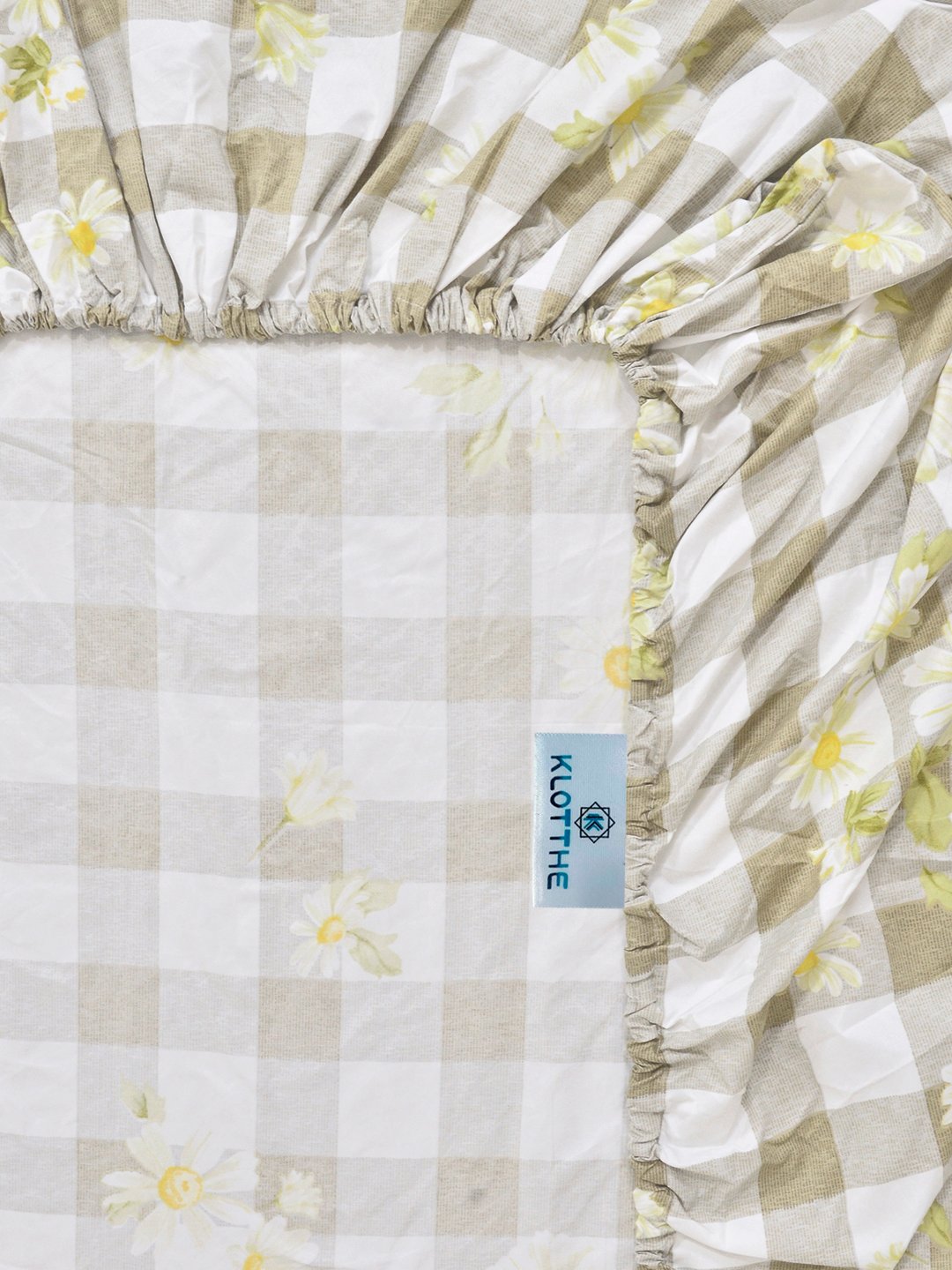 Beige Floral Cotton Blend Fitted Single Bedsheet with Pillow Cover