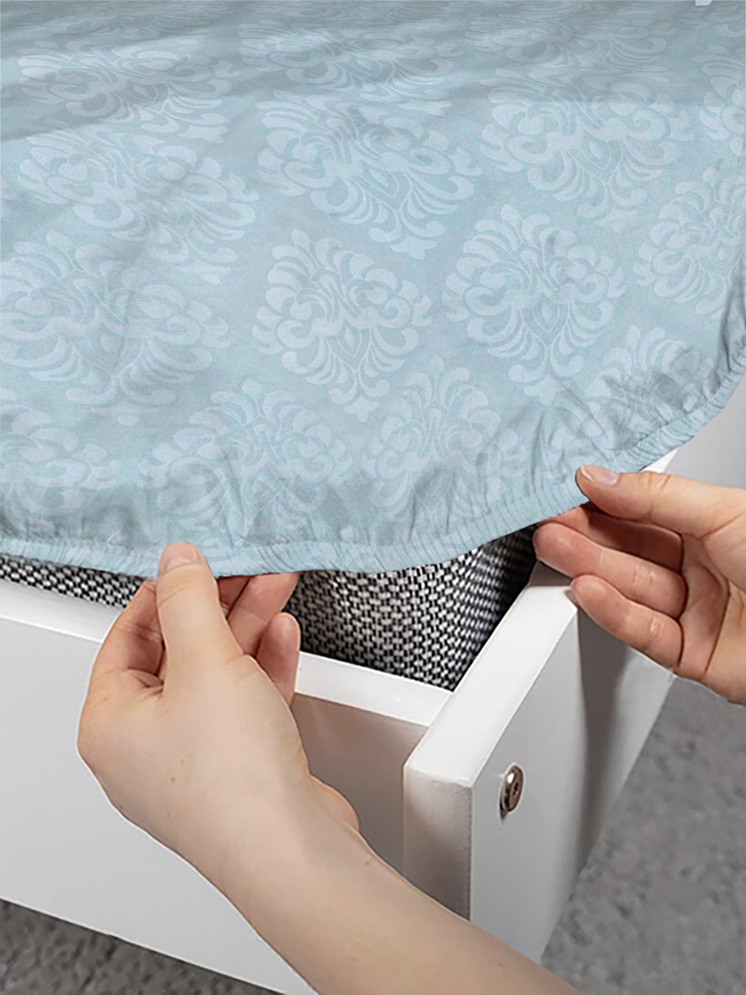 SkyBlue Floral Embossed Cotton Blend Fitted Fitted Single Bedsheet with Pillow Cover