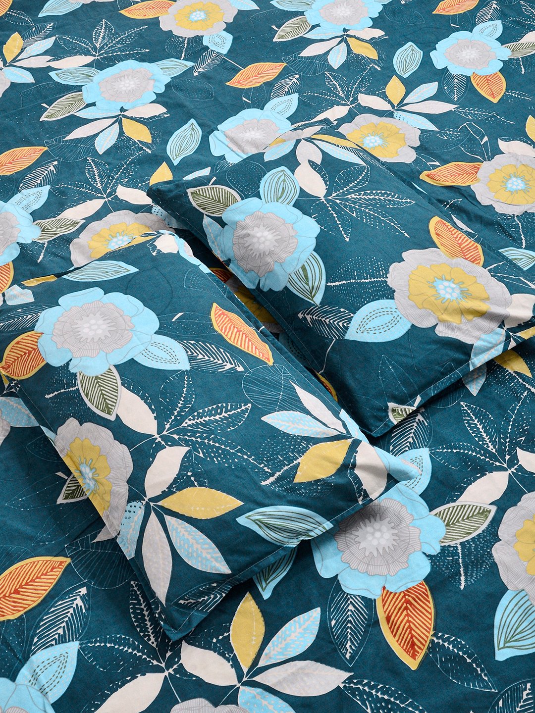 Blue Floral Cotton Blend Fitted Double Bedsheet with 2 Pillow Covers