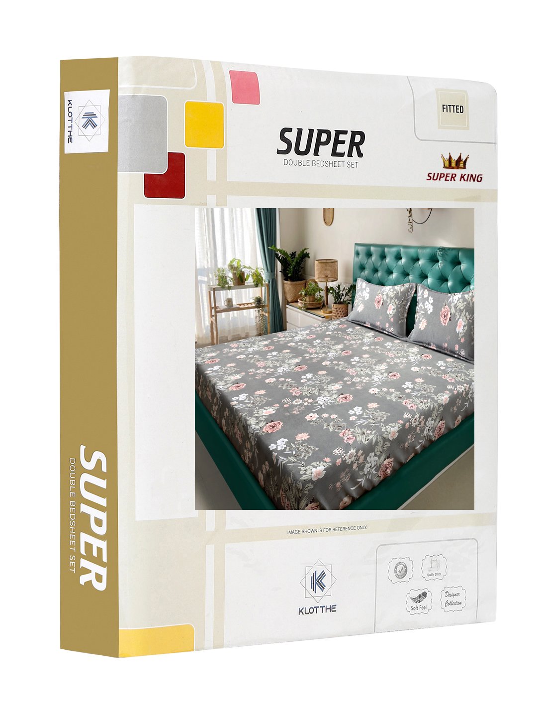 Grey Floral 300 TC Cotton Blend Fitted Double Bedsheet in Book Fold Packing