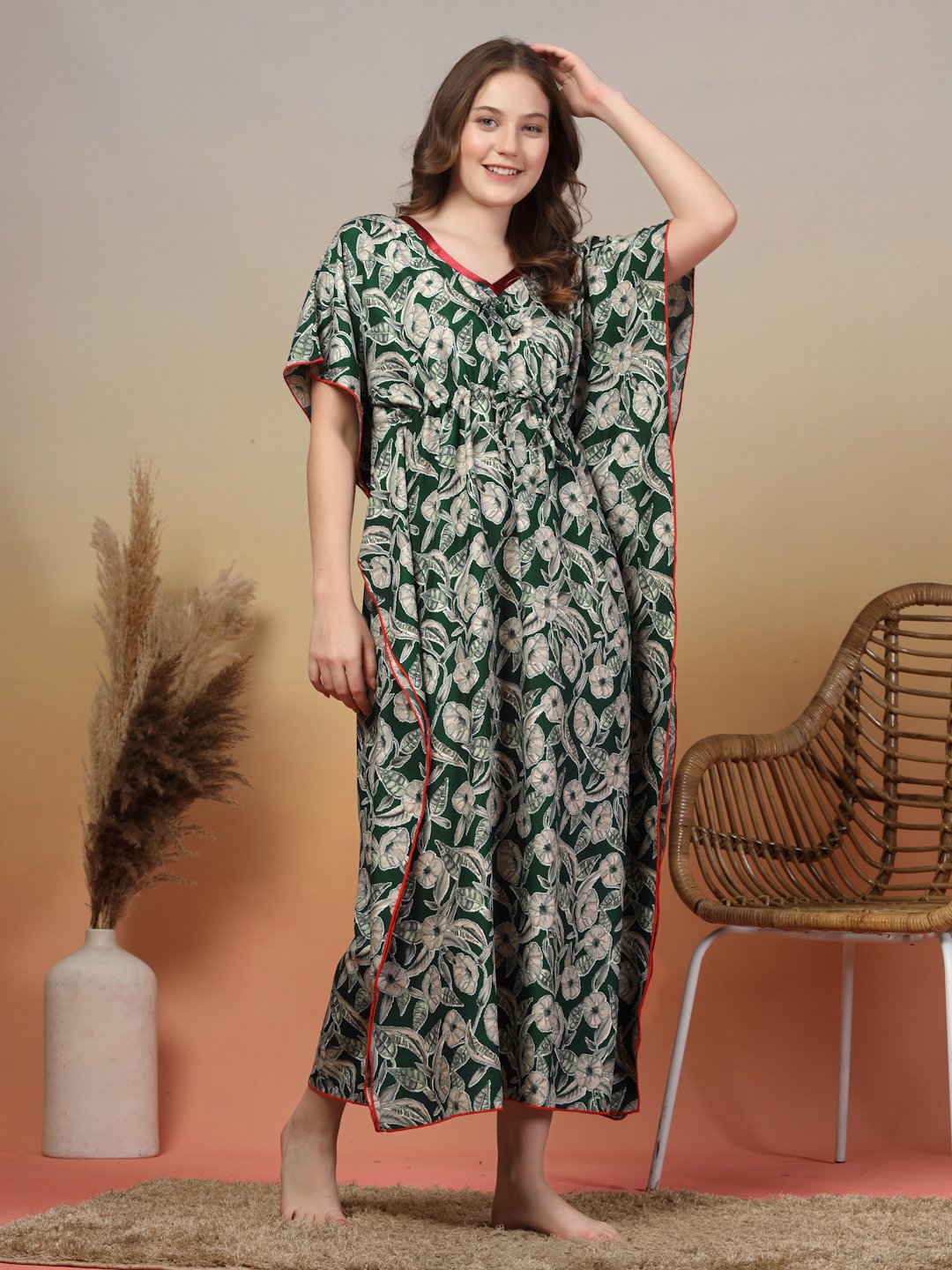 Green Floral Cotton Blend Kaftan Maxi Nightdress
