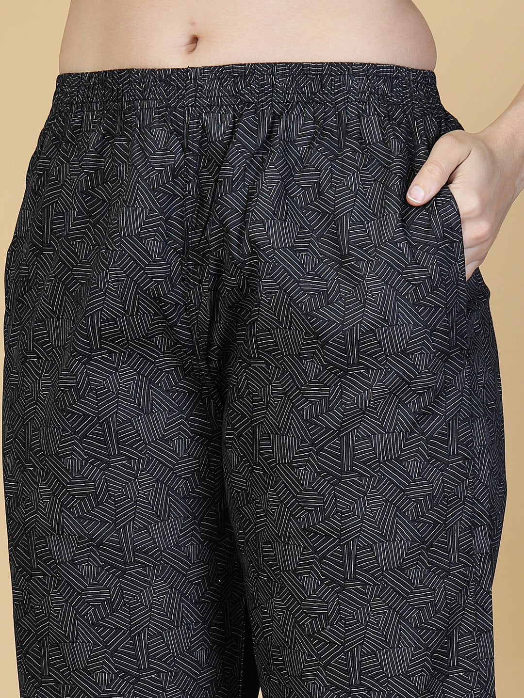 Women Black Abstract Pure Cotton Night Suit