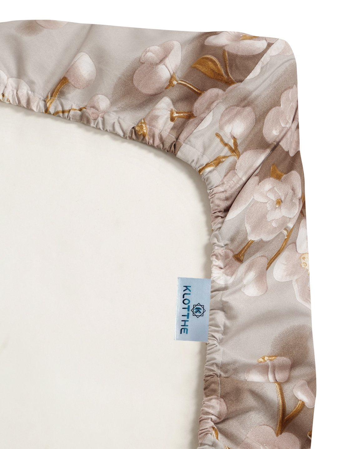Cream Floral 7D King Size Cotton Blend Fitted Double Bedsheet with 2 Pillow Covers