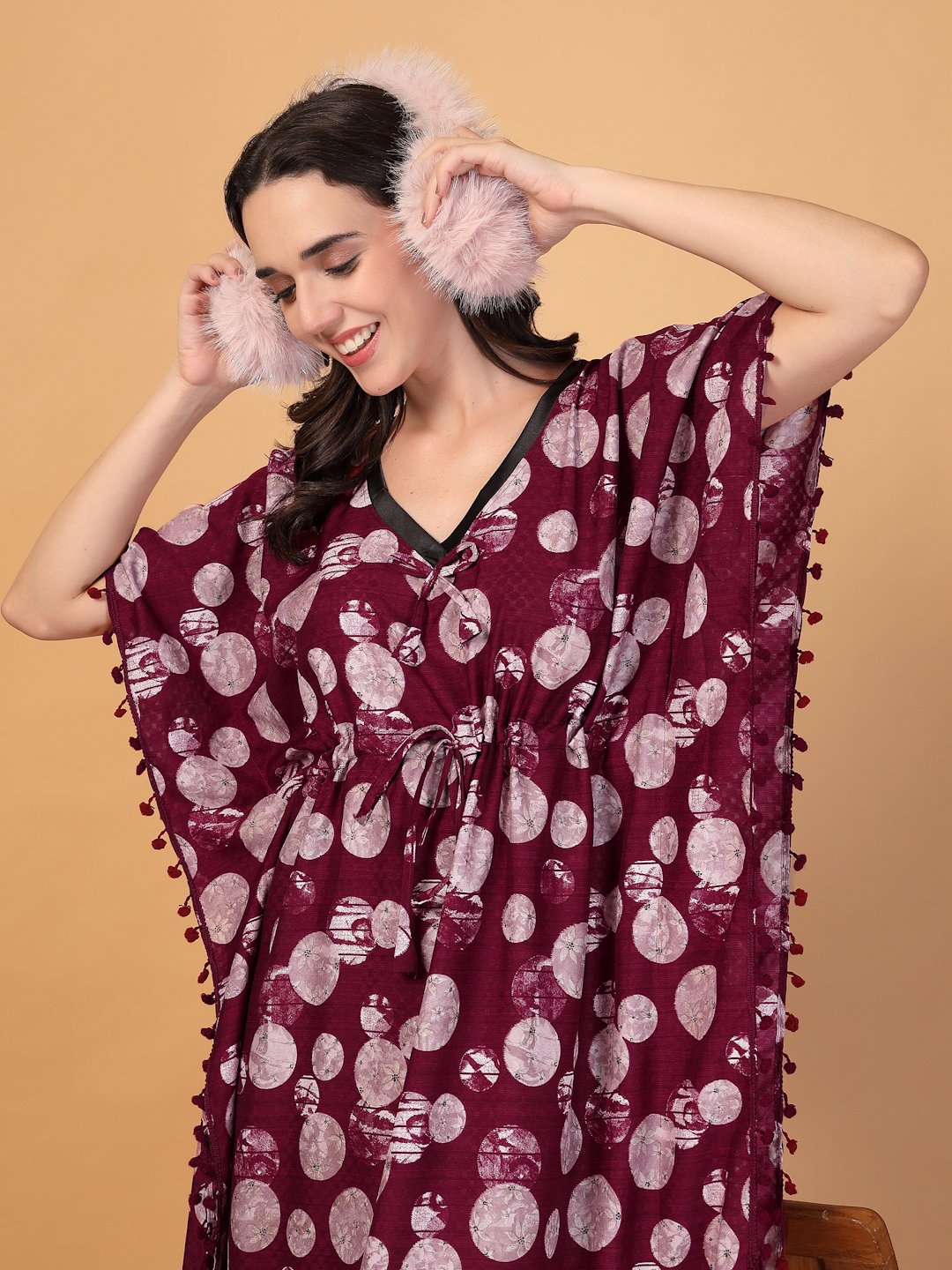 Red Floral Cotton Blend Kaftan Maxi Nightdress