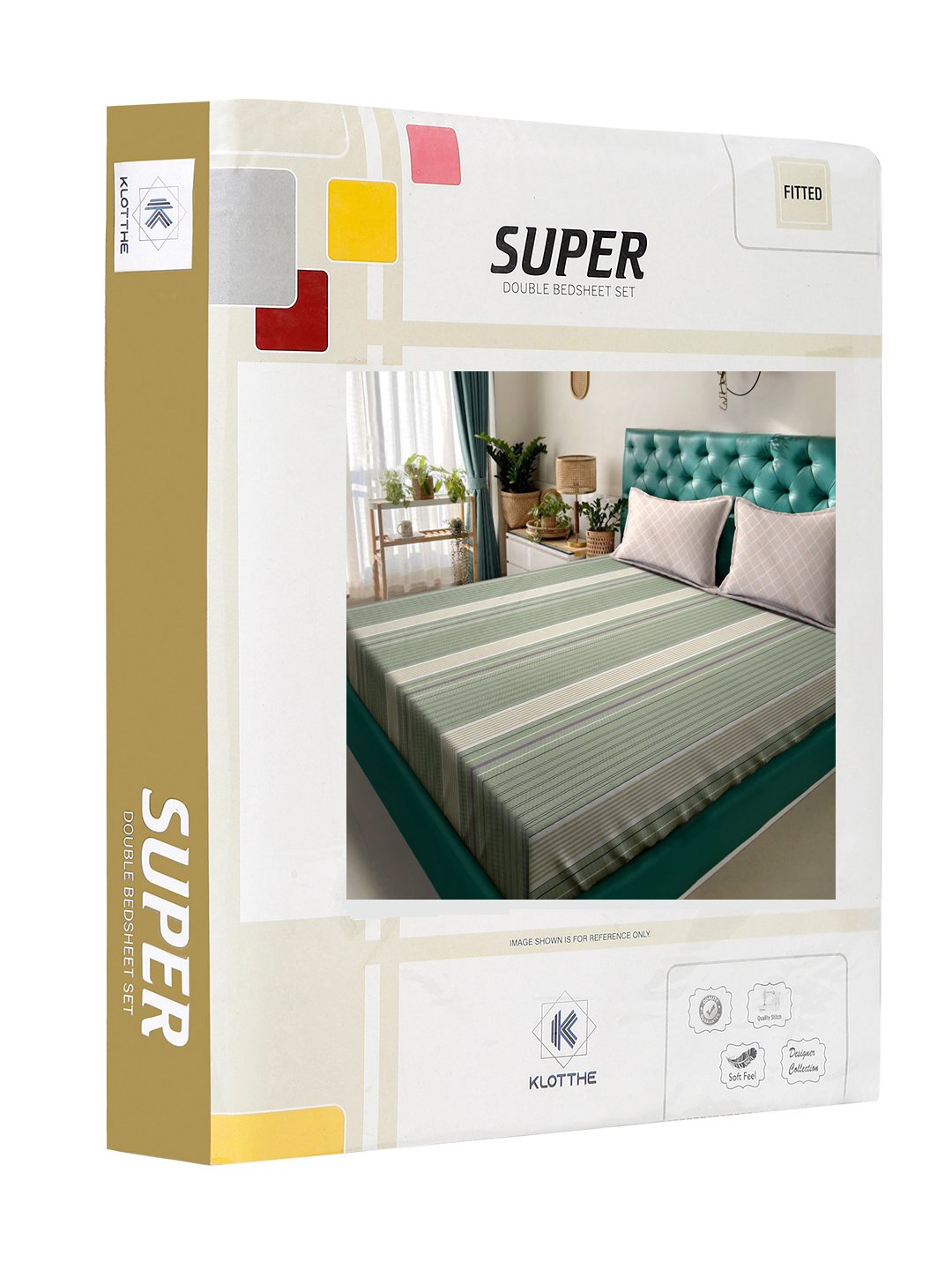 Green Striped 300 TC Cotton Blend Fitted Double Bedsheet in Book Fold Packing