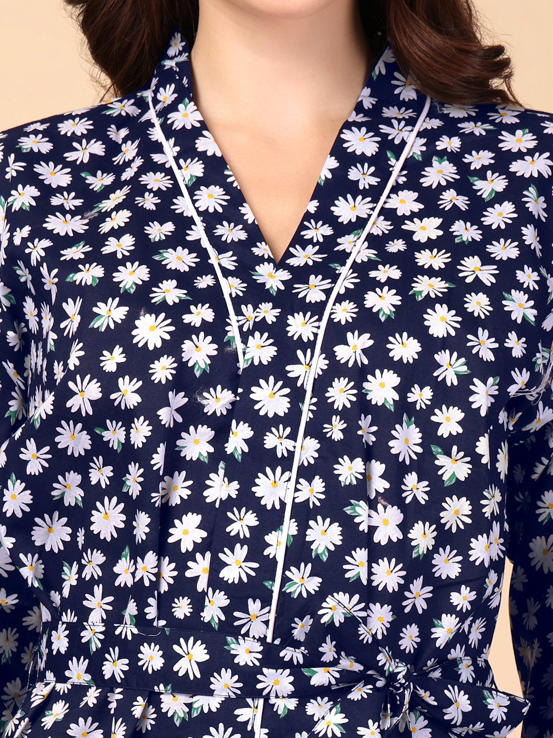 Women Printed Blue Floral Pure Cotton Bath Robe With Belt