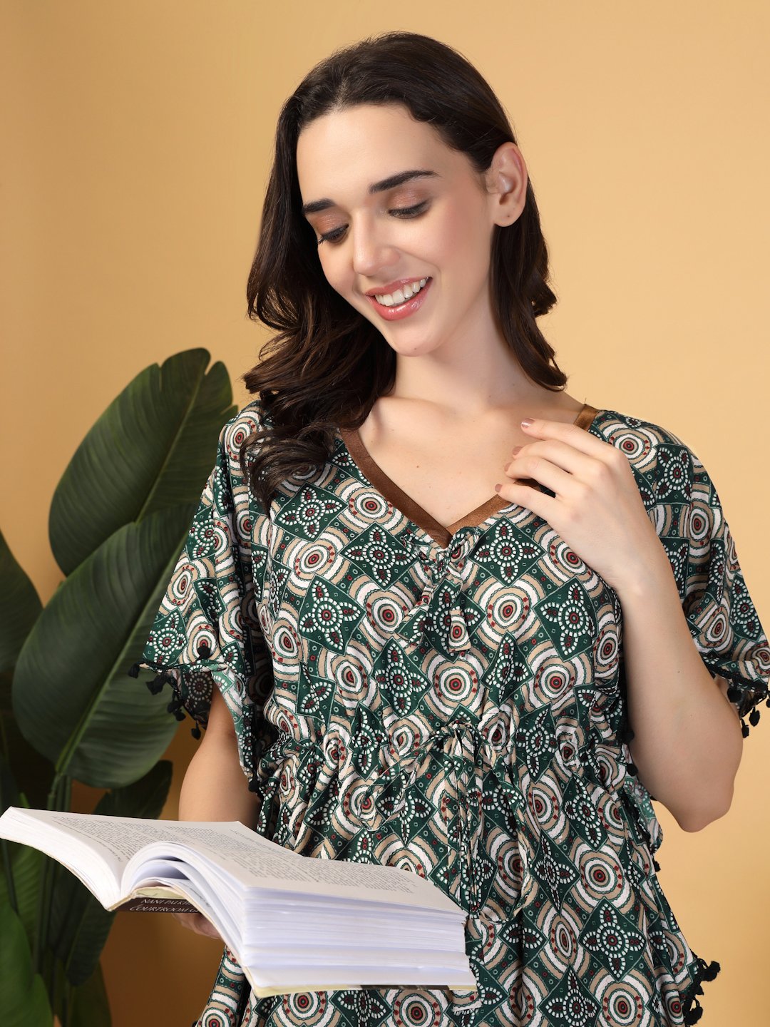 Green Floral Cotton Blend Kaftan Maxi Nightdress