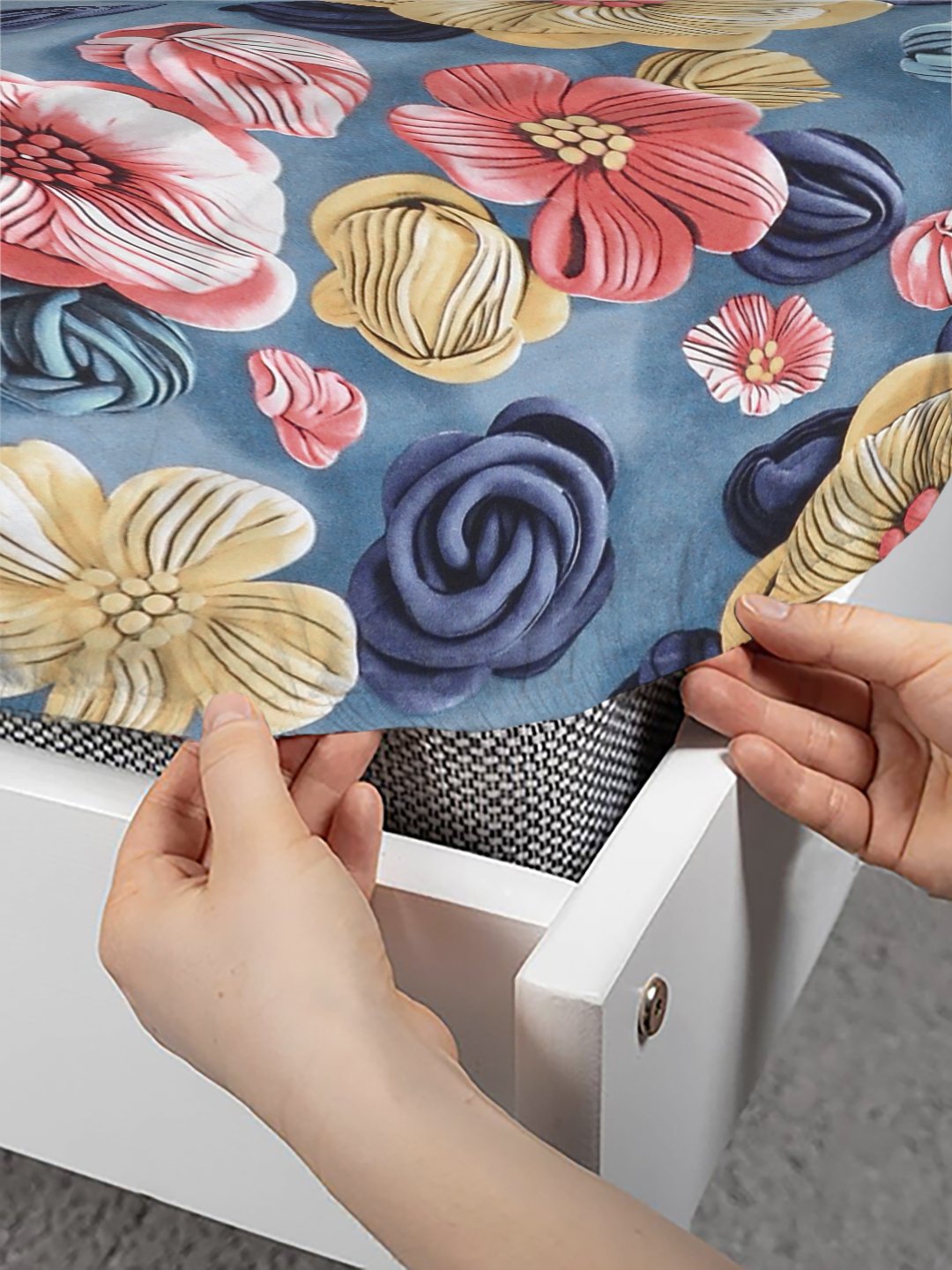 Blue Floral 7D King Size Cotton Blend Fitted Double Bedsheet with 2 Pillow Covers