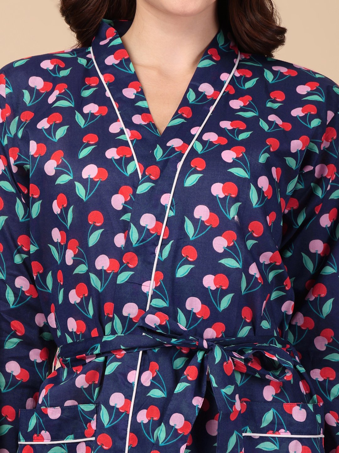 Women Printed Blue Abstract Pure Cotton Bath Robe With Belt